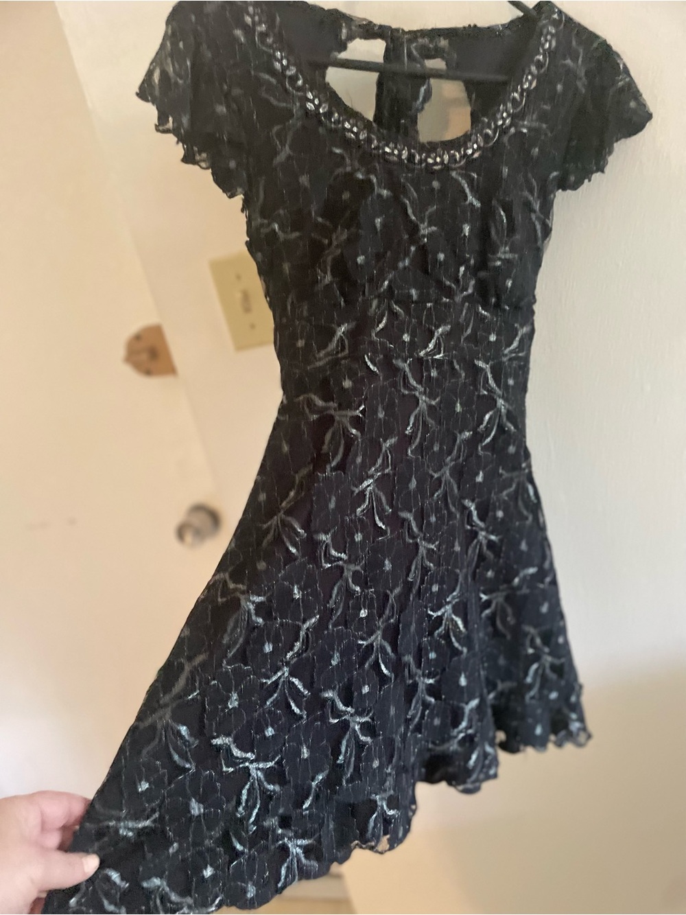 Anna Sui Black Mini Dress with Silver-Trim Floral Lace
